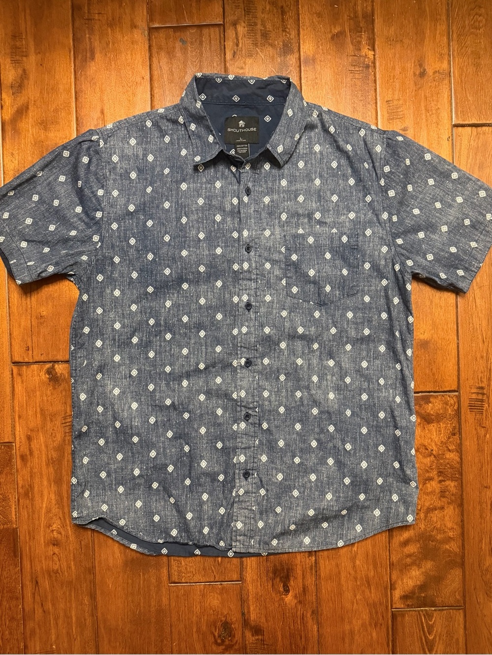 Shout House Blue Short-Sleeve Button-Down with White Micro Diamond Print